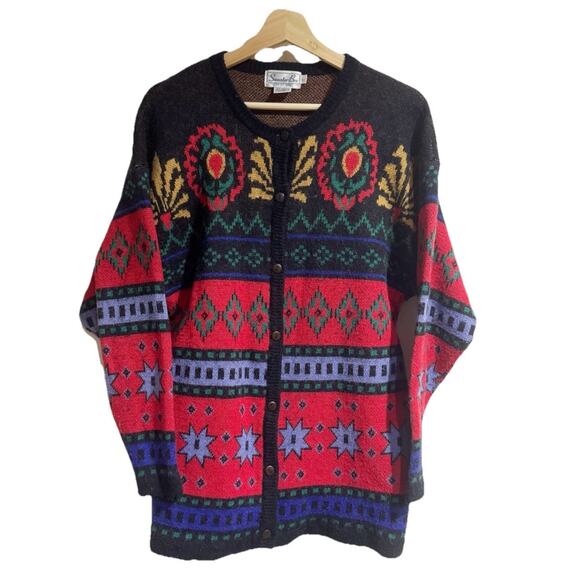 Sweater Bee Women Large Cardigan Icelandic Multicolored Button Down 80s Wool - Picture 1 of 5